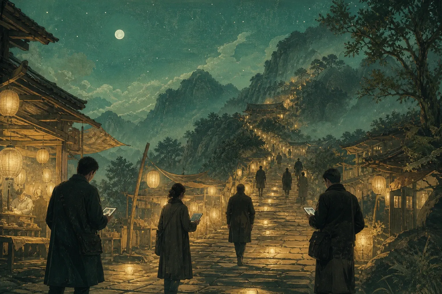 通天路：夜市山路灯火向上延伸，创作者并肩而行