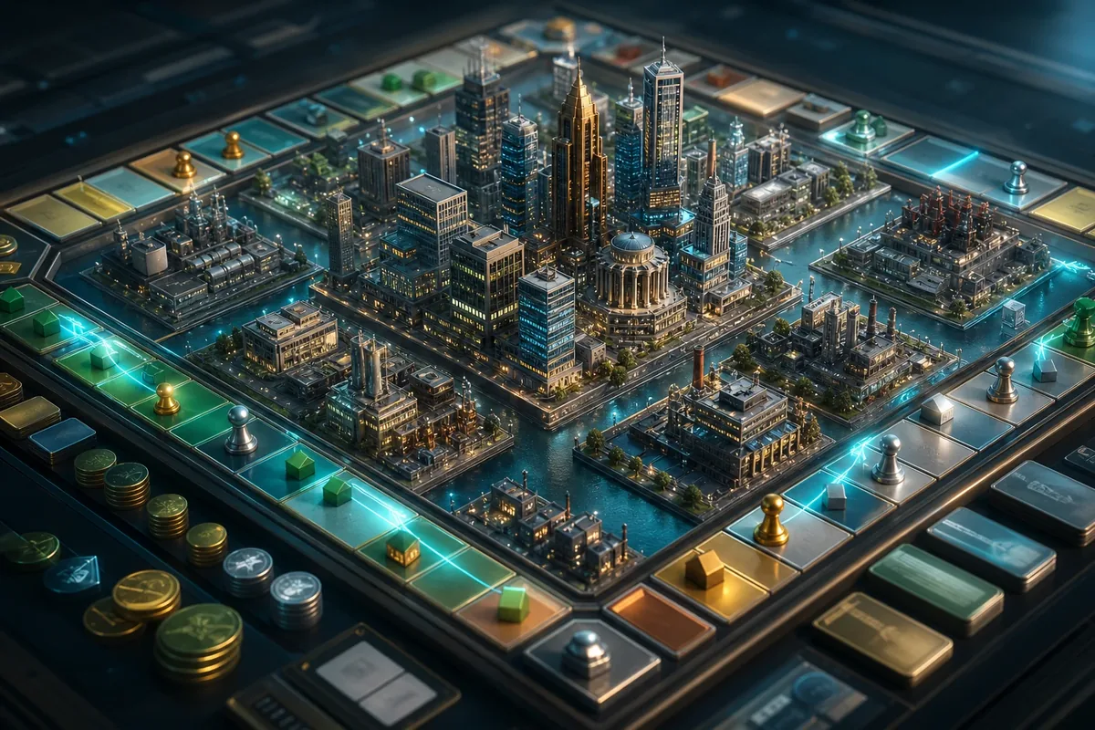 商业帝国 3D：俯瞰三维城市棋盘与暖金路径